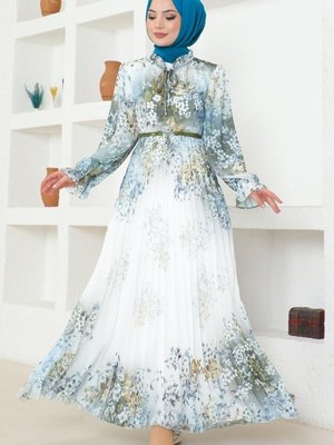 Haki & Ekru Piliseli Şifon Elbise