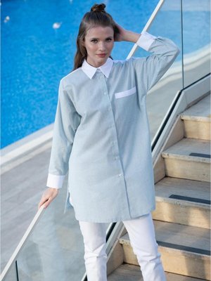 Doğal Kumaş Garnili Gömlek Tunik Mavi Çizgili/beyaz