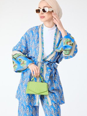 Mavı Şal Desenli Kimono Ve Pantolon İkili Takım