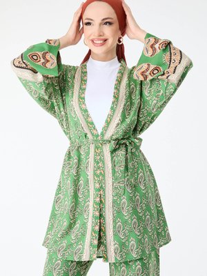 Yesıl Şal Desenli Kimono Ve Pantolon İkili Takım