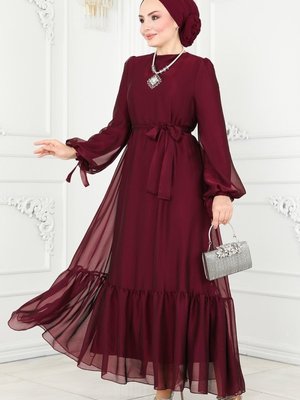 Bordo Kemerli Janjan Abiye Elbise Bordo Kemerli Janjan Abiye Elbise