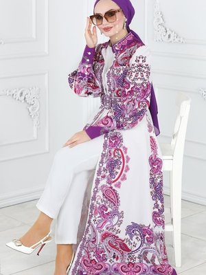 Lila & Ekru Kaplama Kemerli Desenli Elbise