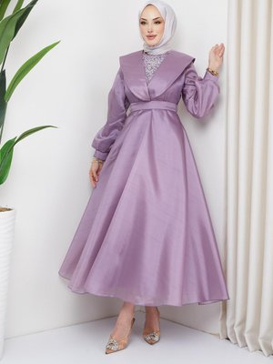 Yaka Detaylı, Organze Tül Abiye Elbise Lila