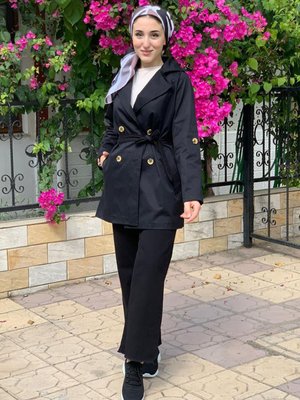 Siyah Basıc Düğmeli Trençkot