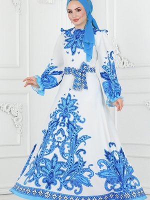 Mavi Fırfır Detaylı Atlas Elbise