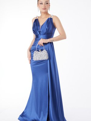 Indıgo Taş Askılı Drape Abiye Elbise