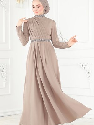 Bej Drapeli Krep Elbise