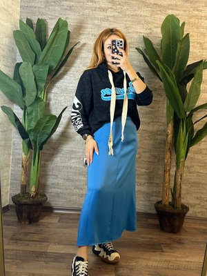 Mavi Saten Uzun Etek