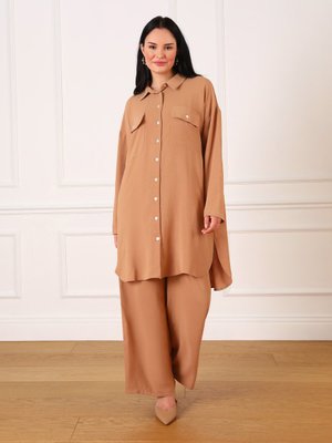 Koyu Bej Büyük Beden Cep Detaylı Düğmeli Tunik & Pantolon İkili Aerobin Takım