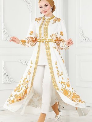 Hardal & Ekru Gül Desenli Atlas Elbise