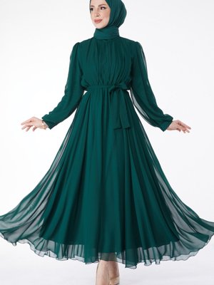 Düz Bisiklet Yaka Zümrüt Elbise Düz Bisiklet Yaka Zümrüt Elbise