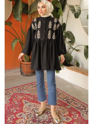 Siyah Yaprak Desenli Gömlek