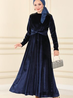 Lacivert Pul Detaylı Kadife Elbise