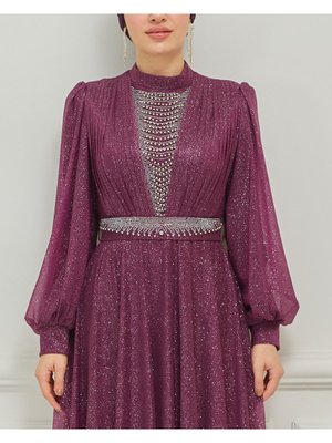 İnci Süslemeli Simli Abiye Elbise