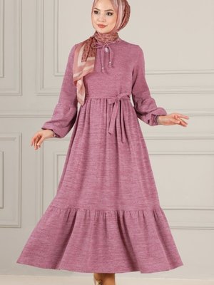 Gül Kurusu Yakası Bağcıklı Selanik Elbise