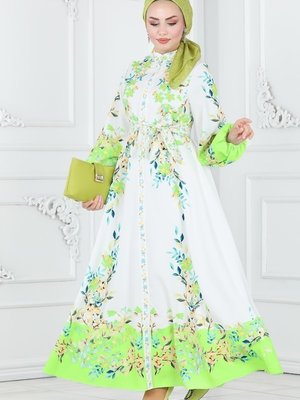 Yeşil & Ekru Çiçek Desenli Elbise