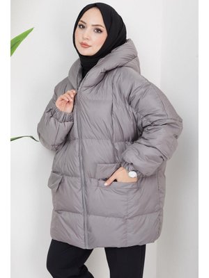 Füme Kapüşonlu Oversize Şişme Mont