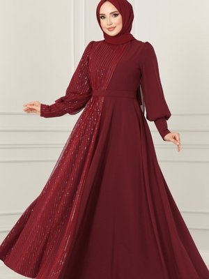Bordo Sim Detaylı Tül Abiye Elbise Bordo Sim Detaylı Tül Abiye Elbise
