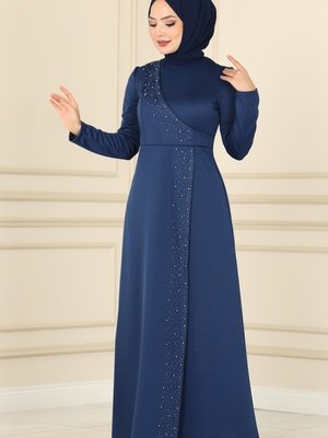 Açık Lacivert İnci İşlemeli Elbise