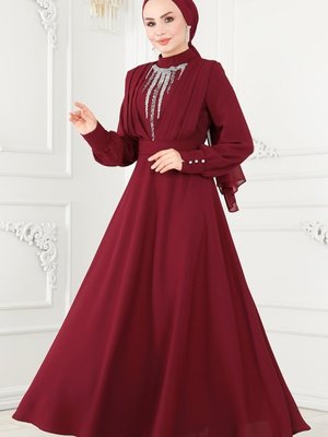 Bordo Göğsü Taş İşlemeli Abiye Elbise Bordo Göğsü Taş İşlemeli Abiye Elbise