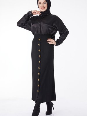 Düz Orta Siyah Düğmeli Triko Etek