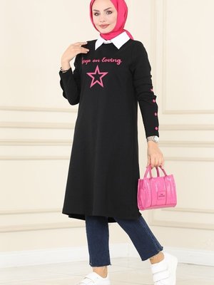 Siyah & Fuşya Çıtçıt Aksesuarlı Baskılı Tunik Siyah & Fuşya Çıtçıt Aksesuarlı Baskılı Tunik