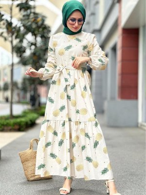 Büyük Ananas Desenli Keten Elbise Yeşil Sarı Büyük Ananas Desenli Keten Elbise Yeşil Sarı