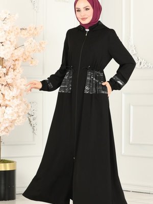 Siyah Cep Detaylı Medine İpeği Ferace