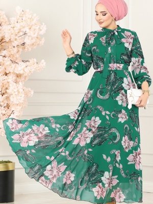 Zümrüt Fular Yakalı Şifon Elbise