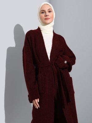Cep Detaylı Kol Katlamalı Triko Hırka Bordo