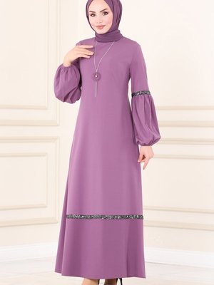 Lila Pul Detaylı Krep Elbise