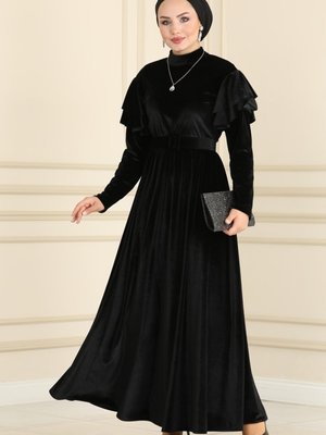 Siyah Kolları Volanlı Elbise