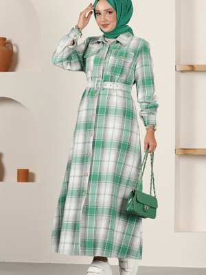 Benetton Yeşili Kaplama Kemerli Ekose Elbise