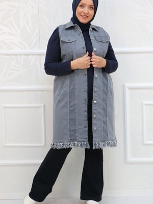 Büyük Beden Püsküllü Kot Yelek Gri