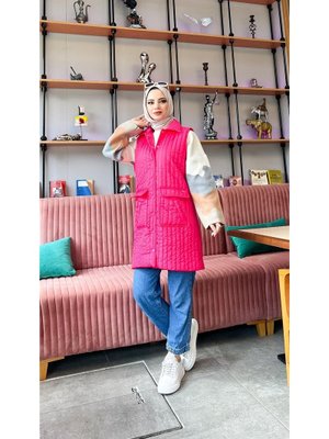 Fuşya Ahenk Kapitone Cepli Kolsuz Yelek