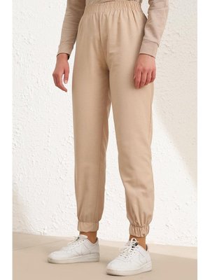 Bej Beli Lastikli Jogger Pantolon