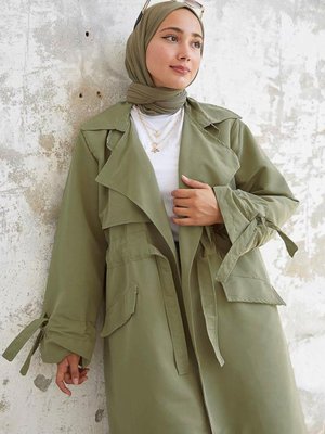 Haki Beli Büzgülü Trençkot Haki Beli Büzgülü Trençkot