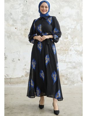 Mavi Yaprak Desen Nakışlı Elbise