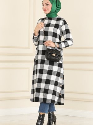 Siyah & Ekru Düğme Detaylı Ekose Tunik Siyah & Ekru Düğme Detaylı Ekose Tunik