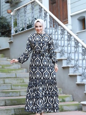 Kadın Tesettür Bel Kuşaklı Dokuma Viskon Kumaş Şık Renkli Ve Desenli Elbise Kadın Tesettür Bel Kuşaklı Dokuma Viskon Kumaş Şık Renkli Ve Desenli Elbise