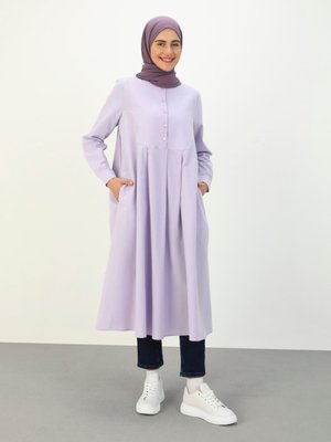 Lila Doğal Kumaşlı Düğme Detaylı Tunik
