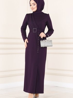 Mor Aksesuar Düğmeli Kalem Elbise Mor Aksesuar Düğmeli Kalem Elbise