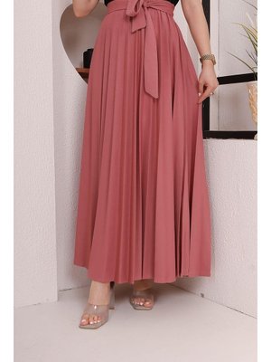 Kuşak Detaylı Piliseli Etek Gülkurusu Gül Kurusu