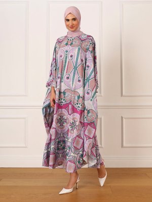 Etnik Desenli Saten Ferace Fuşya