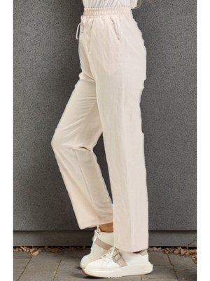 Bej Beli Lastikli Cepli Keten Pantolon