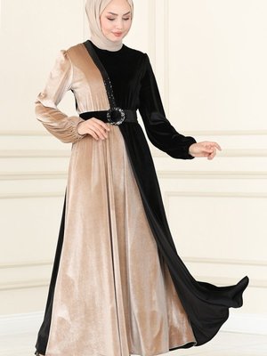 Siyah & Vizyon Çift Renkli Kadife Elbise