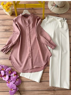 Kombin Nervürlü Tunik Ve Pantolon Takım Pudra