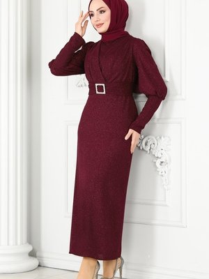 Bordo Balon Kollu Simli Abiye Elbise Bordo Balon Kollu Simli Abiye Elbise