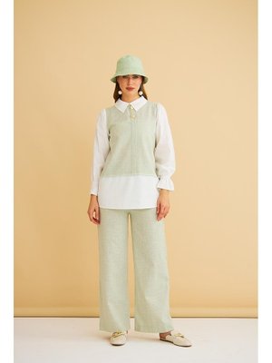 Lambade Düğme Detaylı Bol Paça Keten Tunik Pantolon Takım Mint