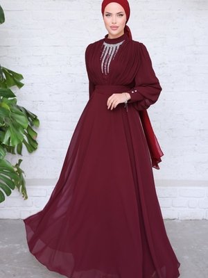 Bordo Neva Şifon Abiye Elbise Bordo Neva Şifon Abiye Elbise